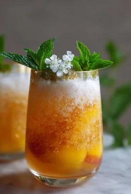 Ginger Peach Sparkler Mocktail served in a glass with fresh peaches and ginger