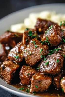 Healthy crock pot garlic butter steak bites cooking in a slow cooker