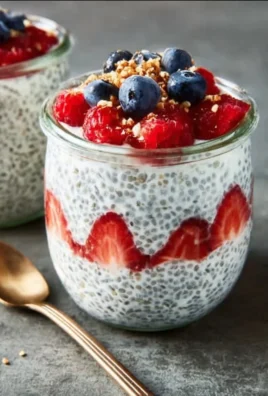 Healthy overnight chia pudding topped with Greek yogurt and fresh fruits.
