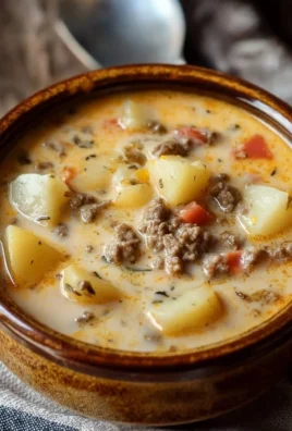 A bowl of creamy Wisconsin-style potato hamburger soup in a crockpot.