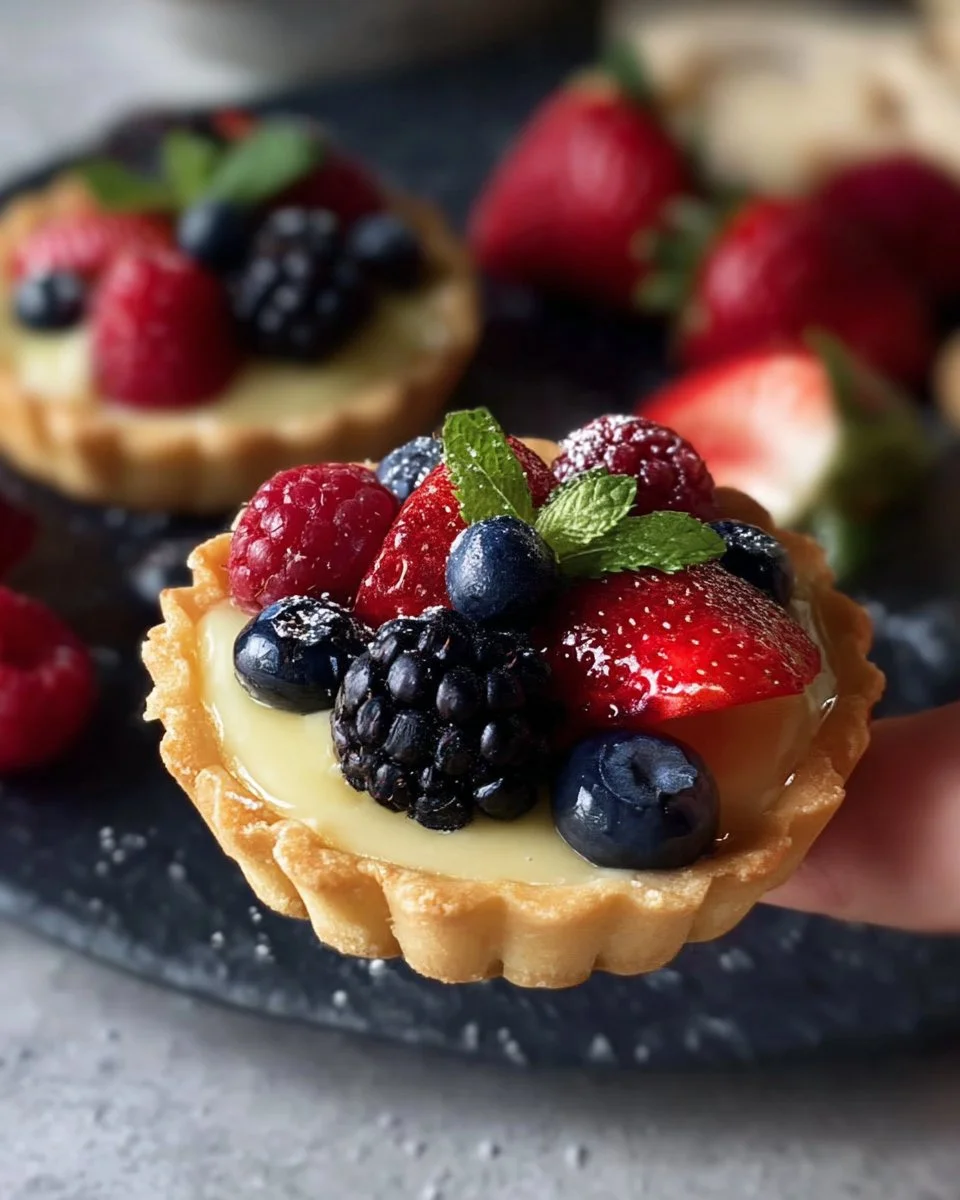 Delicious berry custard tartlets topped with fresh berries