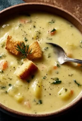 Bowl of creamy potato leek soup garnished with fresh herbs and croutons