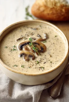Cream of mushroom soup in a bowl garnished with fresh herbs