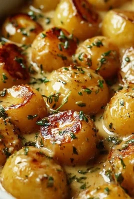 Creamy garlic sauce drizzled over baby potatoes in a bowl