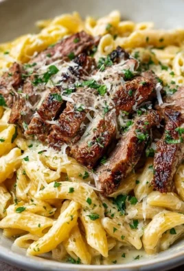 Creamy steak pasta with garlic in a delicious creamy sauce
