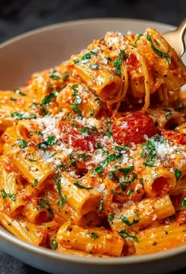 Creamy tomato garlic pasta served in a white bowl garnished with basil