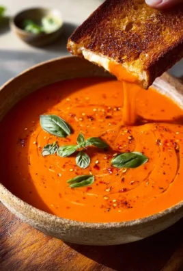 A bowl of creamy tomato soup garnished with fresh herbs and a drizzle of cream.