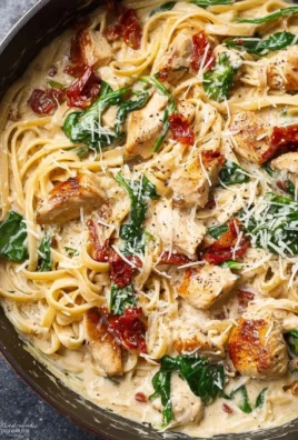 A bowl of creamy Tuscan chicken pasta with spinach and sun-dried tomatoes