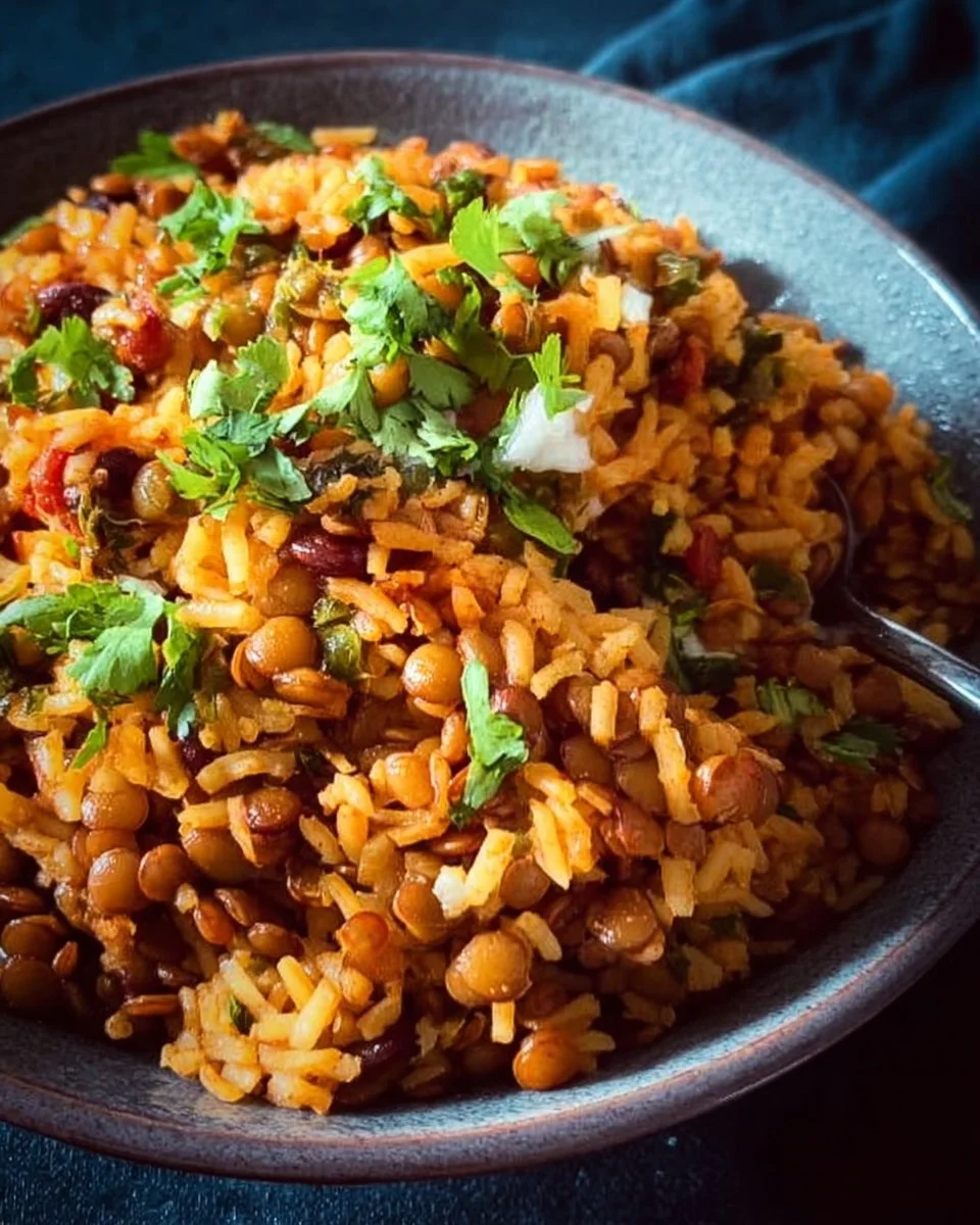Bowl of easy Mediterranean lentils and rice, a healthy and flavorful dish.