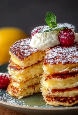 Fluffy lemon ricotta pancakes stacked with a lemon slice on top
