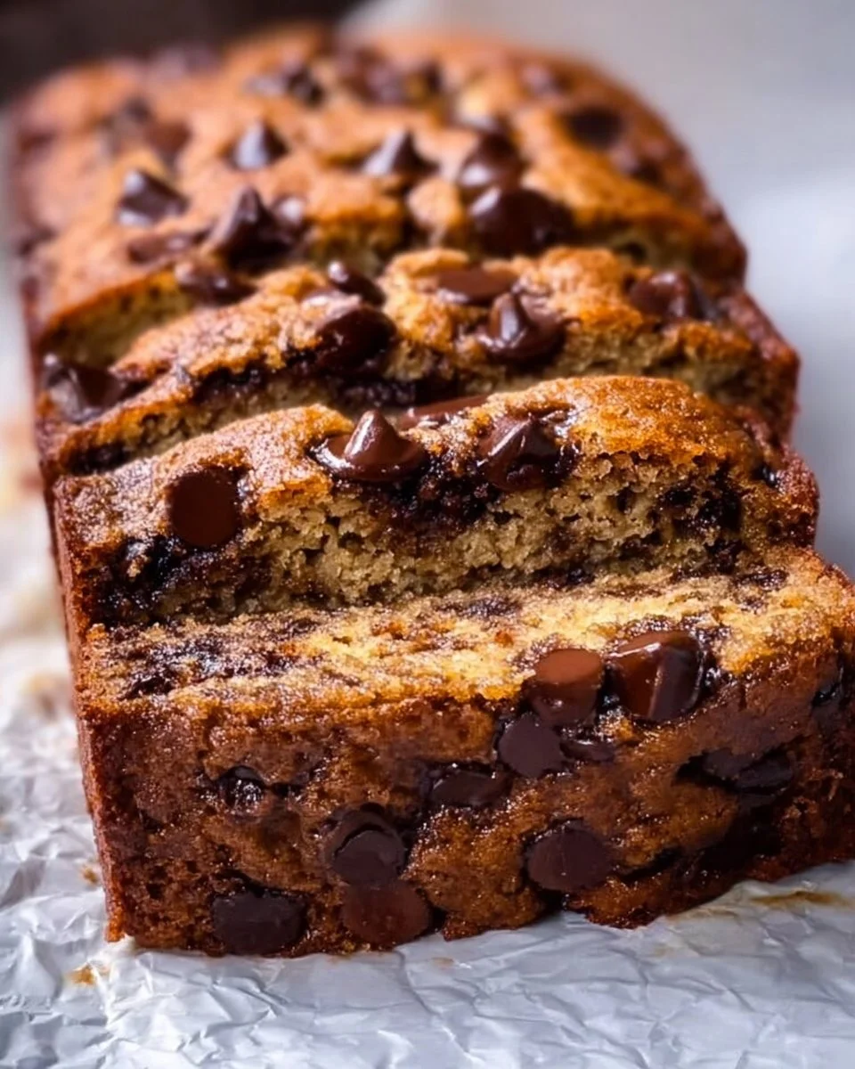 Slices of healthier chocolate chip banana bread on a wooden cutting board