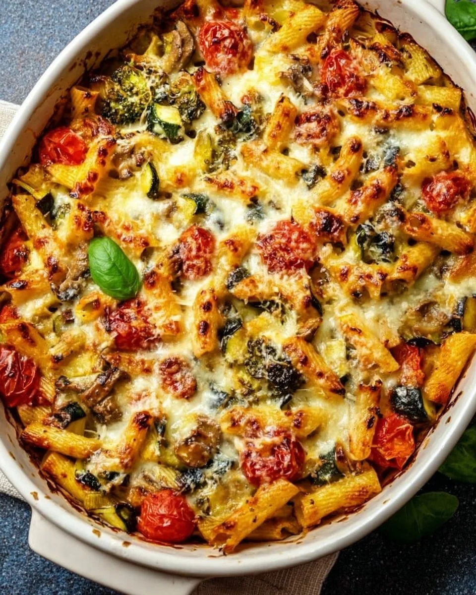 Healthy Mediterranean Vegetable Pasta Bake with colorful veggies