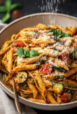 A colorful bowl of one pot veggie pasta with fresh vegetables and herbs