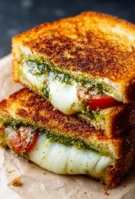 Pesto grilled cheese sandwich with gooey cheese and fresh basil pesto