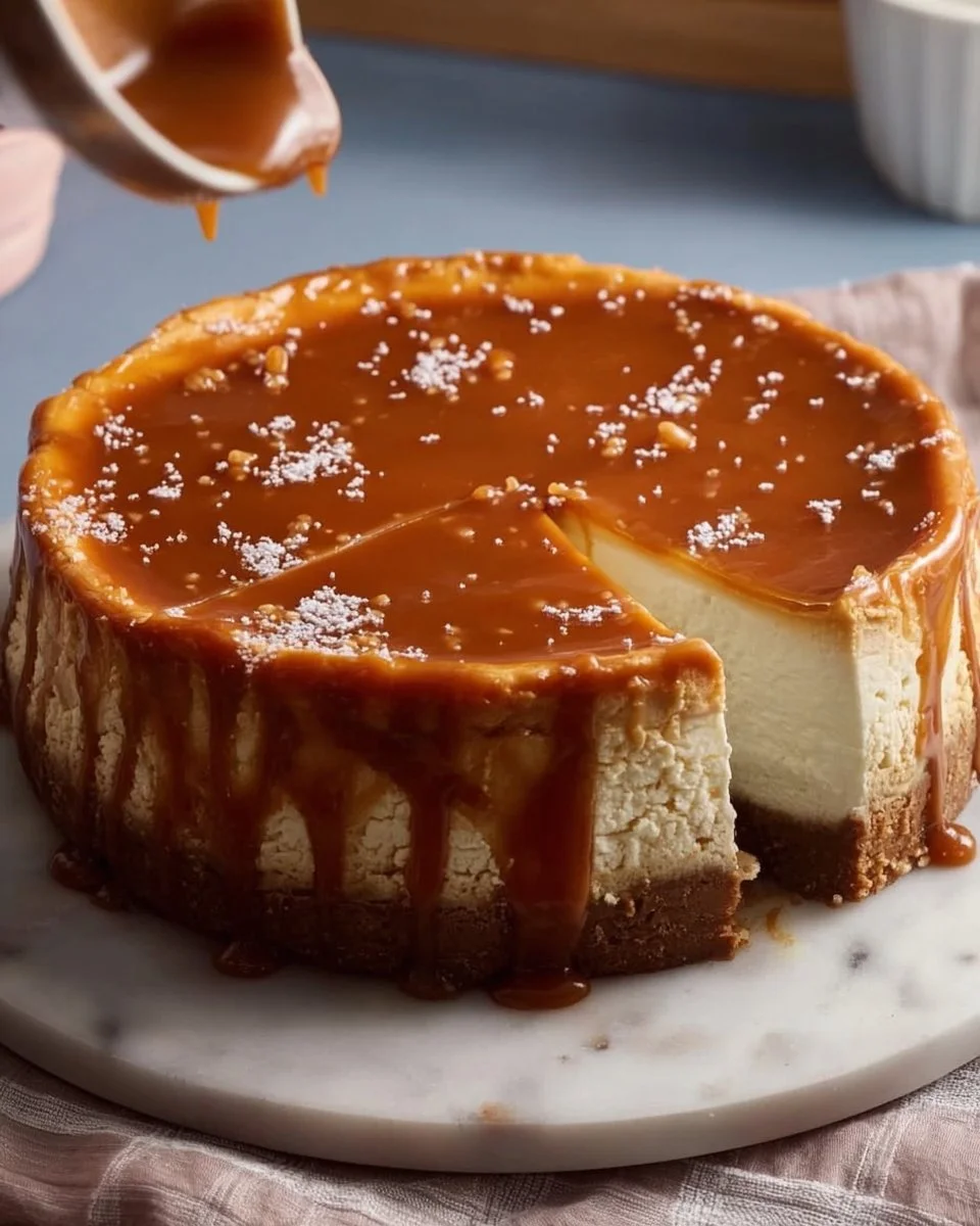 Delicious salted caramel cheesecake drizzled with caramel sauce