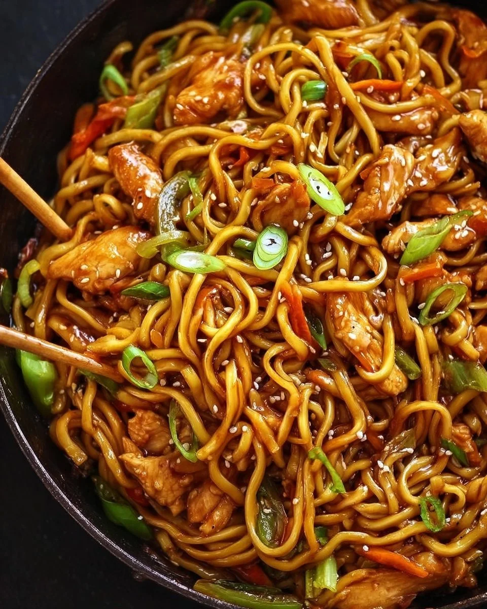 Delicious sticky garlic chicken noodles served in a bowl with vibrant vegetables.